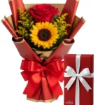 Kit: Buquê duo com rosa e girassol + Caixa de Bombom Nestlê
